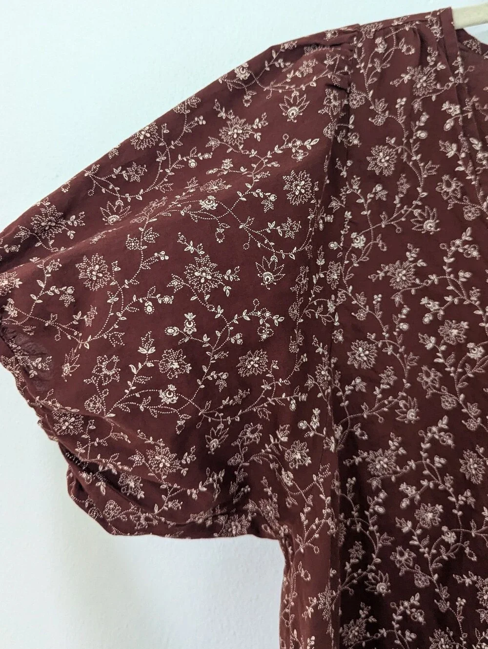Madewell V Neck Puff Sleeve Floral Print Blouse Woven Burgundy Beige Small S